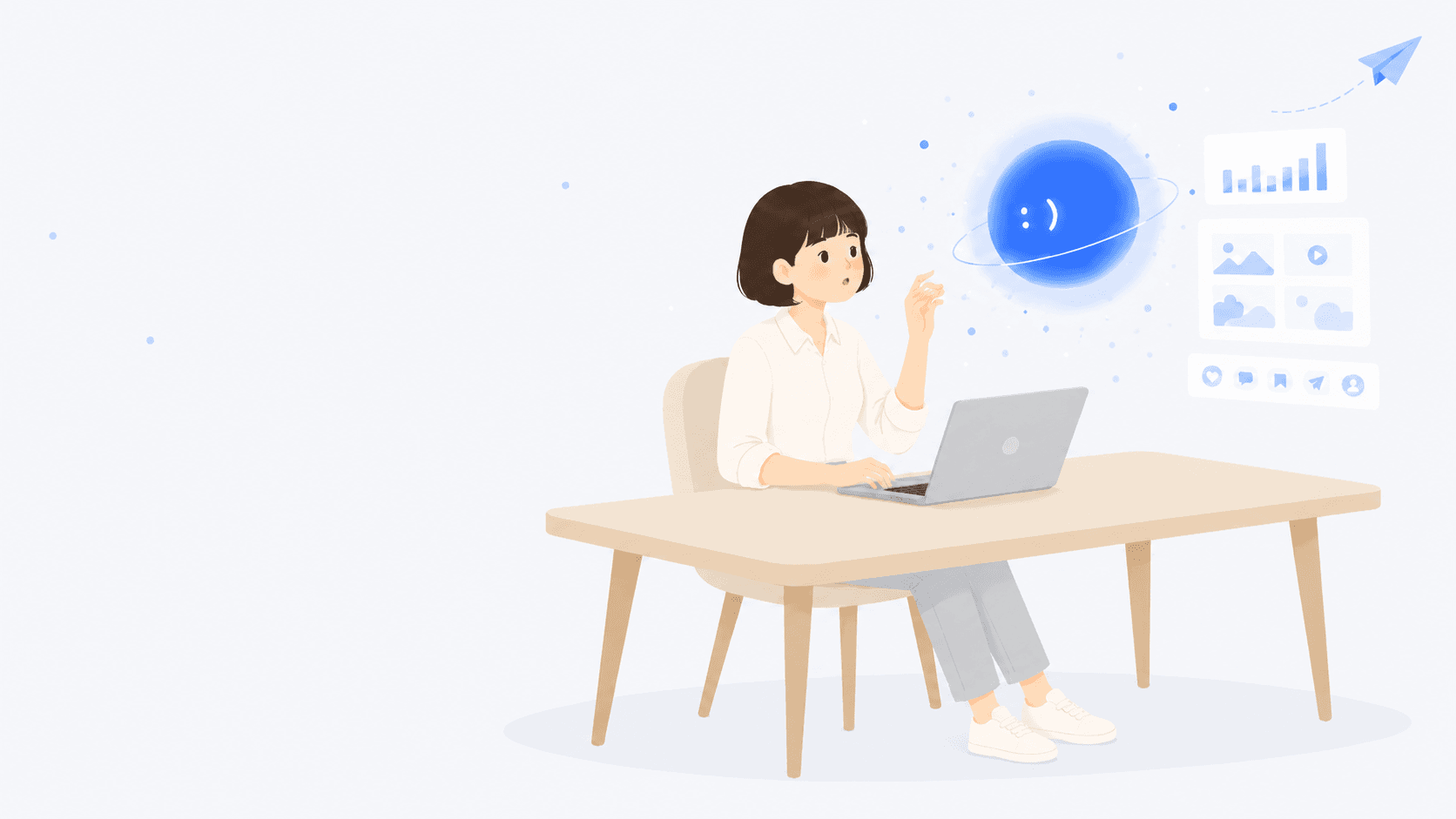 AIとSNS運用に向き合う主人公とAIアシスタントオーブ